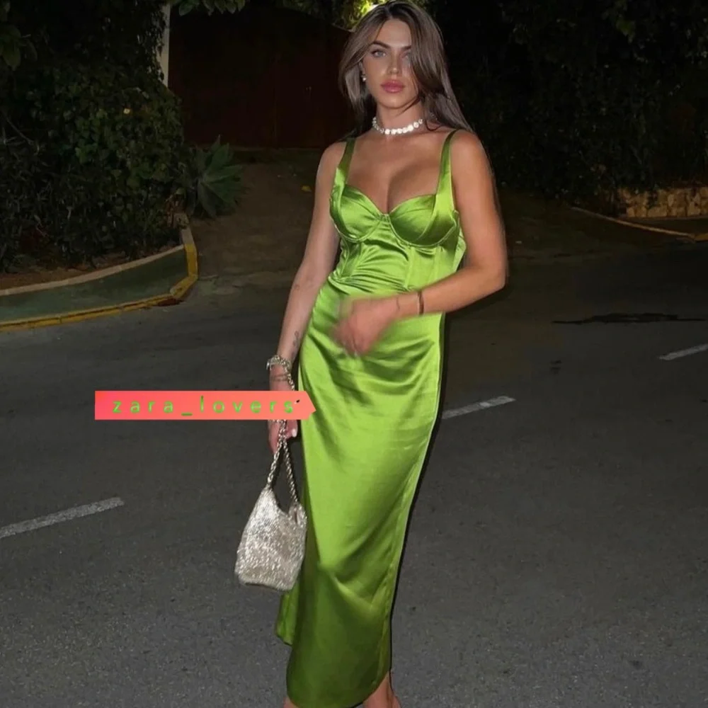 ZARA CITRINE GREEN SATIN EFFECT CORSET BONING MIDI DRESS IN LIME GREEN